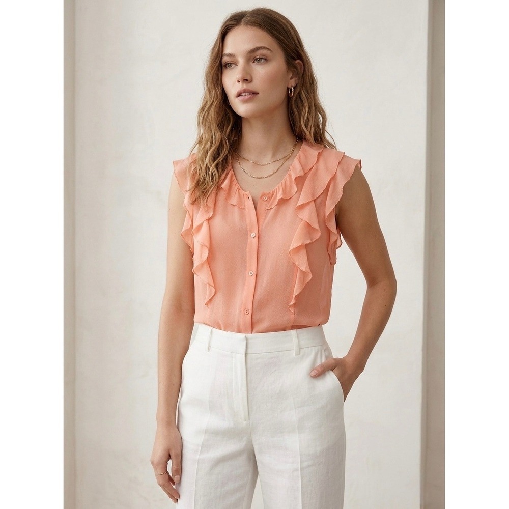 Aritzia Babaton Silk Ruffle Sleeveless Blouse Peach Coral Button Down Top Small